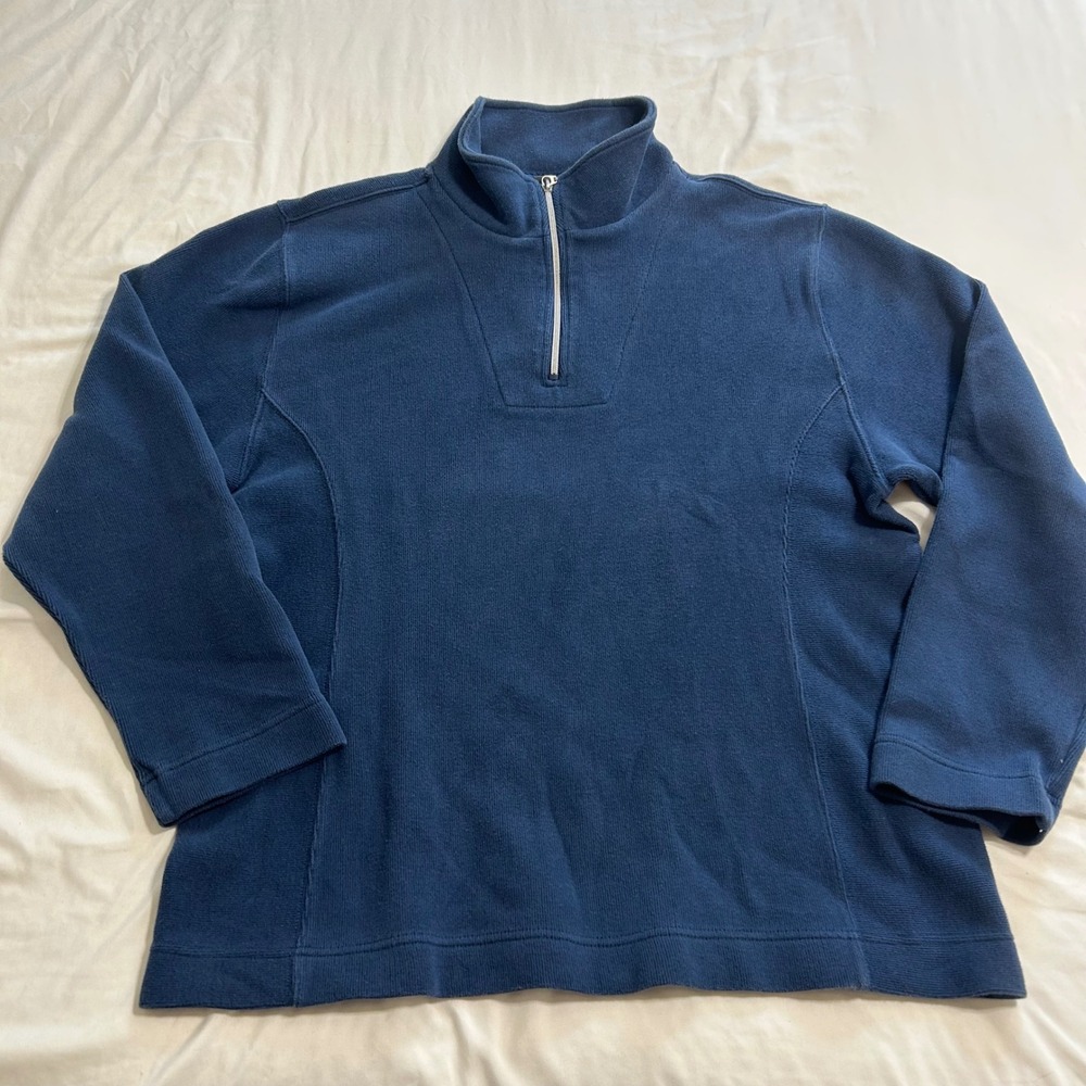 Lady Hathaway Blue Ribbed Quarter Zip Pullover Sweater Large Cotton Blend